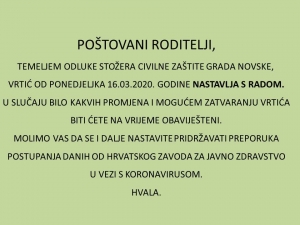 OBAVIJEST O RADU VRTIĆA